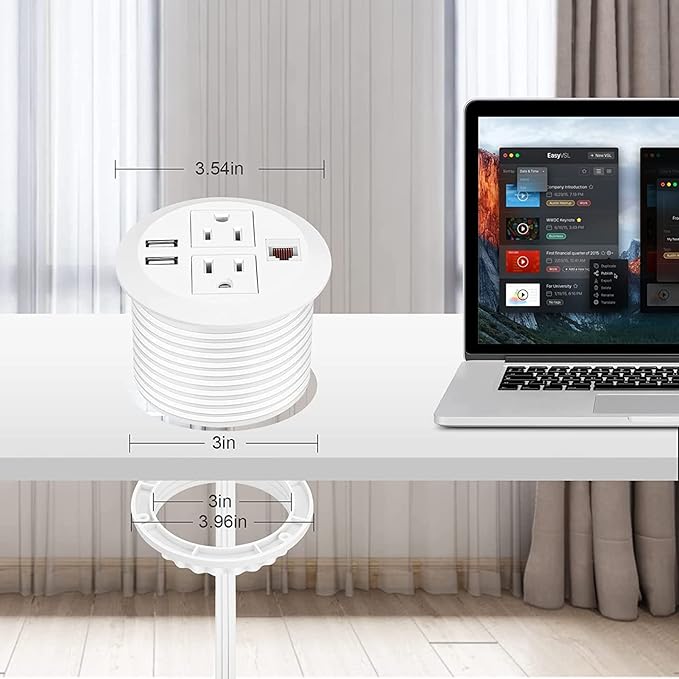 Power Grommet 3 Inch for Desktop, Recessed Desk Outlet with 2USB, 2 AC, 1 Network RJ45 Port & 10Ft Cord, Flush Mount Power Strip Table Power Hub for Countertop, Office, Furniture(White)