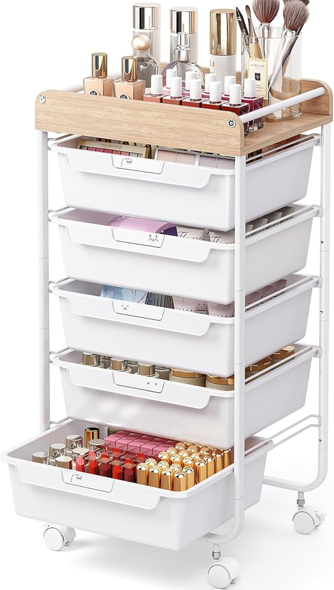 Rolling Storage Utility Cart With 5 Drawers,Craft Cart with Wheels,Makeup Organizer,Art Supply And Storage Wooden Tabletop,White