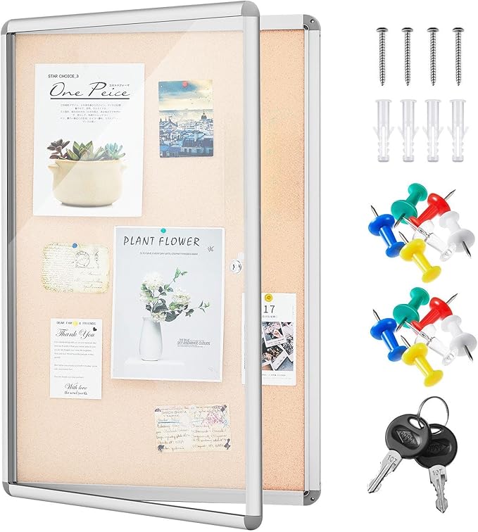 Geetery 26 x 20 Inch Enclosed Fabric Bulletin Board Tamperproof Lockable Noticeboard Fabric&Aluminium Frame Display Cases Wall-Mounted Display Case for School, Office - Secure,Durable Design(Beige)