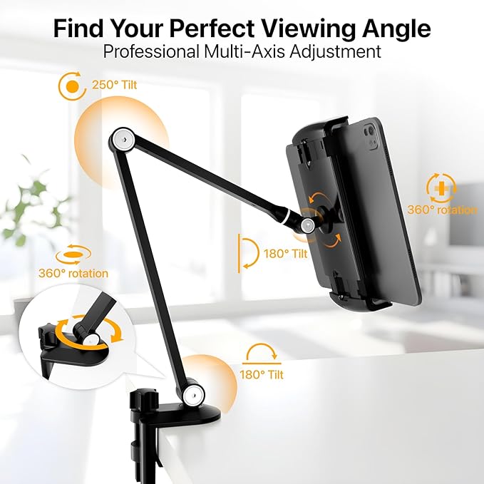 Tablet Stand Holder-Adjustable iPad Desk Mount with 360° Rotating Base for 6.3-16" Devices-Foldable Aluminum ipad Arm Mount for Desk,Bed,Kitchen-Compatible with iPhone,iPad,Tablet,Portable Monitor