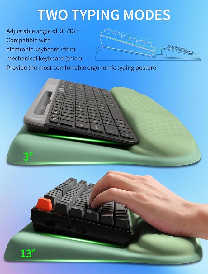 KUOSGM Ergonomic Wave Wrist Rest with Keyboard Stand, Cushioned Palm Rest, Comfortable Integrated Memory Foam for Natural Typing and Relieve Wrist Pain, Minty Olives Green