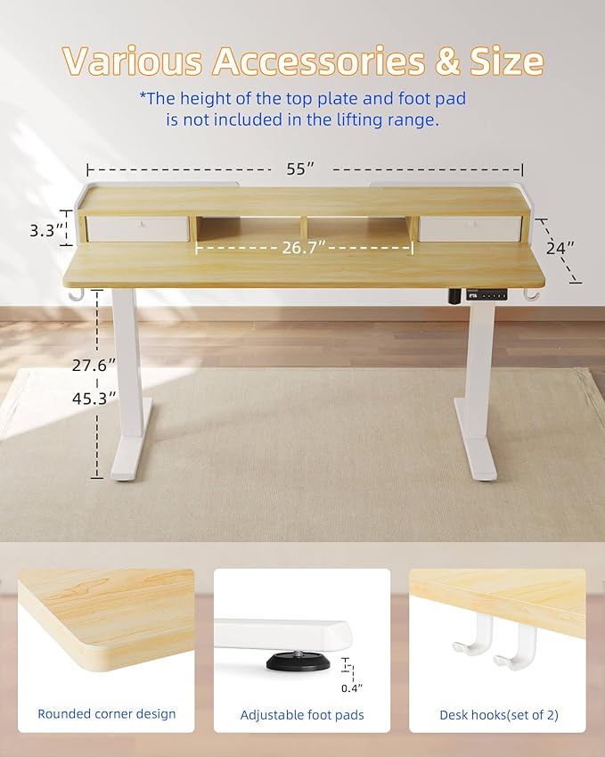 YIHAYO Electric Standing Desk with Drawers, 55 x 24 Inches Adjustable Desk with Storage Shelf, Stand Up Desk with Splice Board, Computer Table for Home Office, White Frame/Natural Top