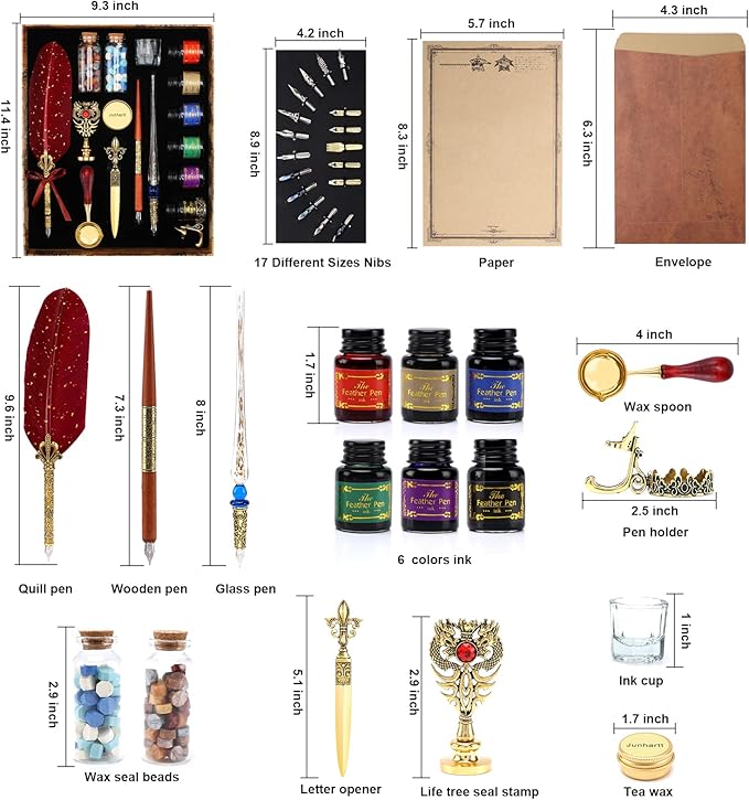 Junhartt Quill Feather Pen and Ink Set, Calligraphy Pen Glass Dip Pen and Wax Seal Stamp Kit (Red)