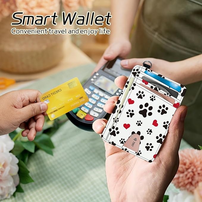 BWEGRHE Small Travel Wallets, Cute Dog Paw Prints Slim Minimalist Front Pocket Wallet with Wristlet, RFID Blocking PU Leather Credit Card Holder with ID Window Change Purse for Men Women