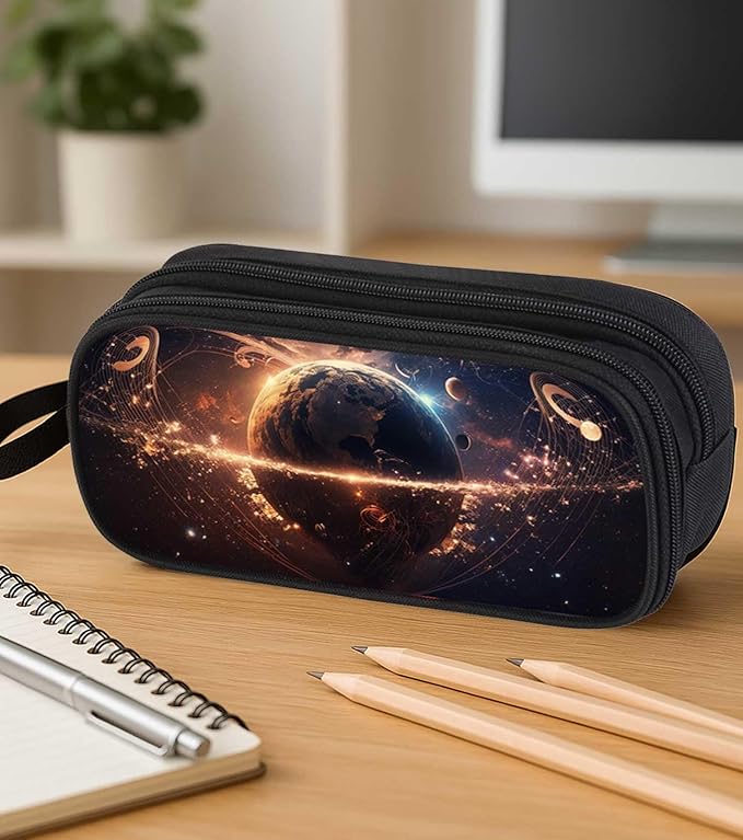 AnySmic Space Pencil Case for Boys and Girls, Large Galaxy Pencil Pouch or Pen Bag for Kids, Polyester Big Capacity Pen Case with 2 Compartments, Double Zipper Organizer, Gifts for School Student