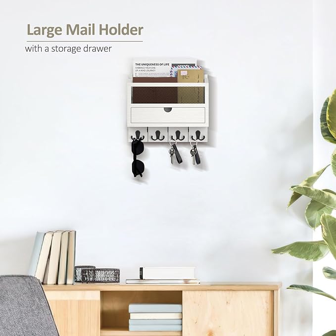 Nekon Mail Organizer with Drawer for Wall, 12"W x 10"H x 3.1"D Mail Sorter Wall Mounted, Wooden Key Holder Wall File Organizer Letter Sorter for Letter Magazines (White)