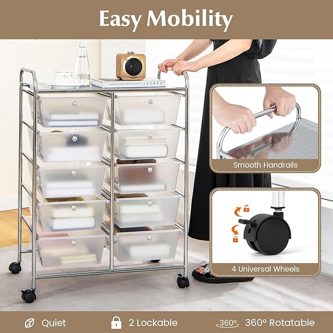 LDAILY 10 Drawer Rolling Cart, Storage Cart Organizer on Wheels, Drawer Cart with Metal Frame & Large Storage Capacity, Rolling Cart with Drawers for Living Room Classroom, Office