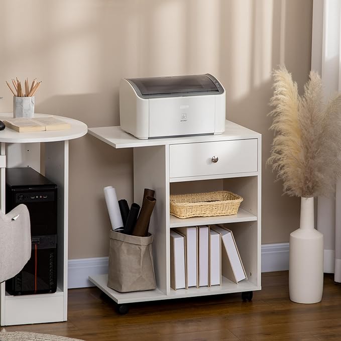 Zateety Mobile Printer Stand, Rolling File Cabinet Cart with Wheels, Adjustable Shelf, Drawer and CPU Stand, White