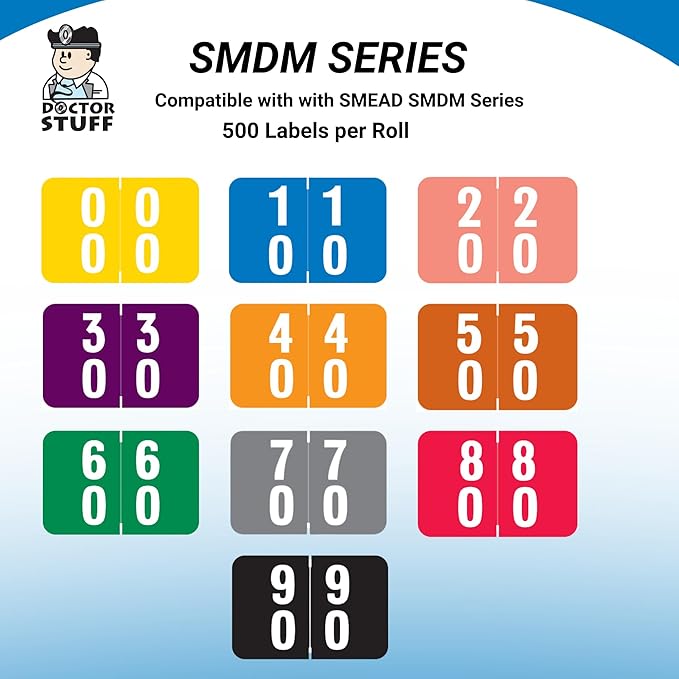 Doctor Stuff - File Folder Labels, Terminal Digit Filing, Consecutive Double Digit Numbers 00-09, Compatible with SMEAD DDS - SMDM Series Chart Stickers, Yellow, 1" x 1-1/2", 500/Roll