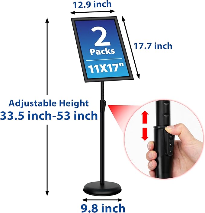 VAIIGO Adjustable Sign Holder Stand - 2Pack 11x17 Inch Pedestal Poster Sign Stand, Heavy Duty Floor Standing Sign Stand Aluminum Snap Open Frame for Church Business Store Sign Holder Stands (Black)