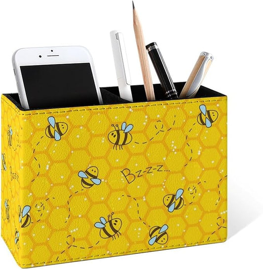 Famame Honeycomb Cute Bee Pencil Holder for Desk, Leather Desktop Container Pen Cup Storage Study Table Pen Organizer Makeup Brushes Holder for Office Home