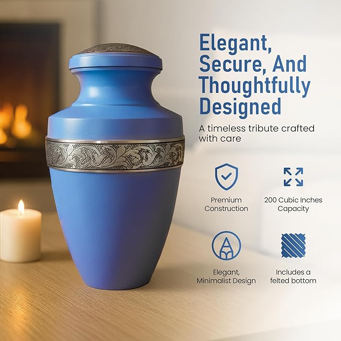 Modern Memorials Cremation Urn for Ashes - Large Urn for Man & Women - 200 Cubic Inches - Includes Velvet Storage Bag - Sky Blue with Silver Band