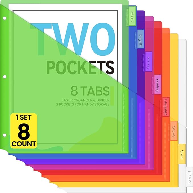 Sooez 8 Count Dividers with Pockets, 8 Tabs Binder Dividers for 3 Ring Binders, Binder Dividers with tabs, Binder Divider with Pockets for US Letter Size, Insertable Big Tabs, Multicolor, Set of 1