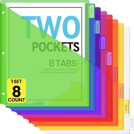 Sooez 8 Count Dividers with Pockets, 8 Tabs Binder Dividers for 3 Ring Binders, Binder Dividers with tabs, Binder Divider with Pockets for US Letter Size, Insertable Big Tabs, Multicolor, Set of 1