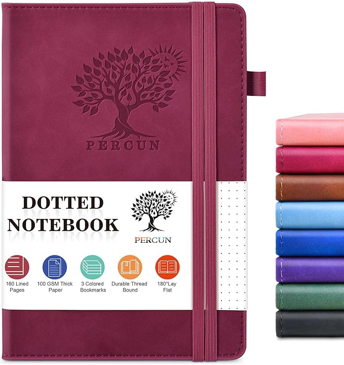 PERCUN Dotted Journal Notebook for Men & Women, 160 Pages Dot Grid notebook for Note Taking, Bullet Journaling Notebook for Work, School, Travel, Writing,A5 Hardcover 5.9" x 8.5" (Burgundy)