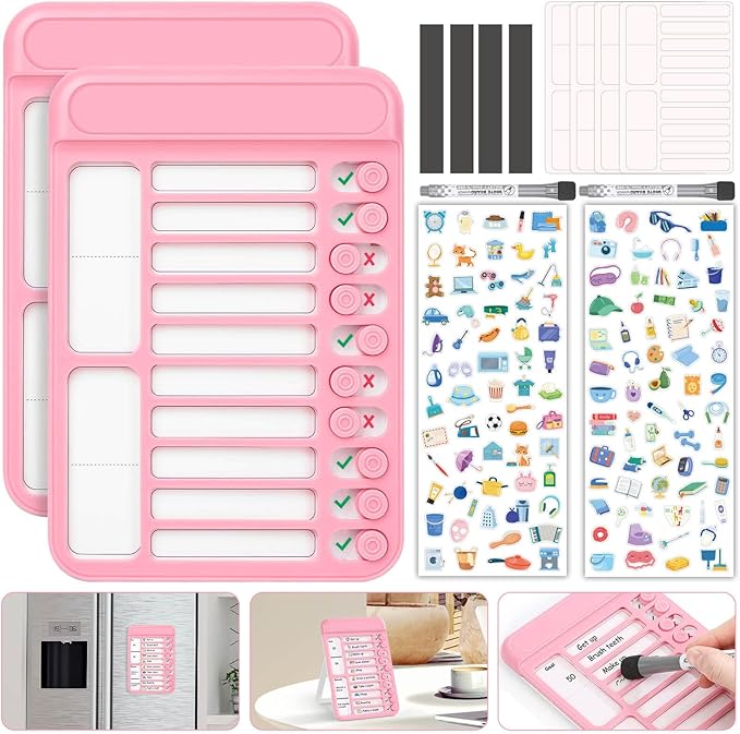 Audab 2Pcs Dry Erase Chore Chart for Kids, Magnetic Checklist Board, My Chores Slider Chart to Do List Board, Routine Reward Chart Schedule Board Task Tracker for Home Refrigerator, Wall, Desk (Pink)