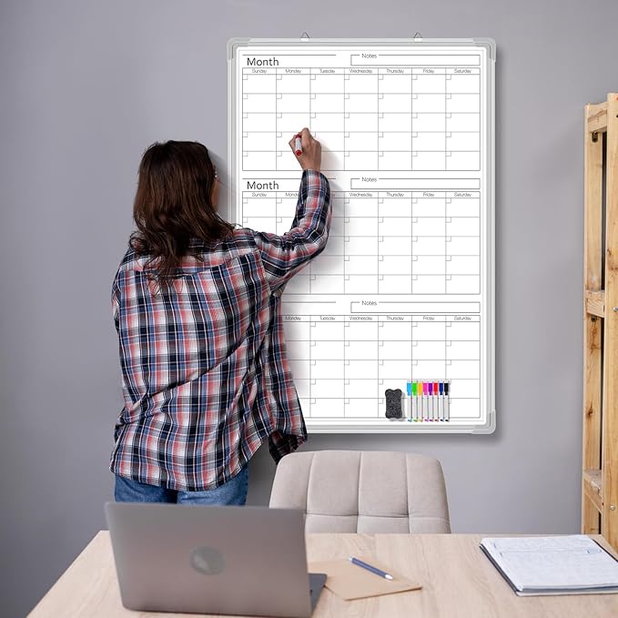 Lincia 36" x 24" Magnetic Vertical 3 Month Dry Erase Calendar for Wall Undated Horizontal Dry Erase Wall Calendar Planner Aluminum Frame Whiteboard for Home Office Projects Wall Fridge