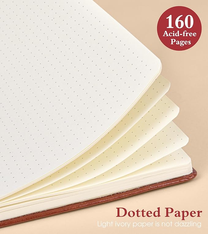 PAIBAS Dotted Journal Notebook for Women Men, 160 Pages Dot Grid Journals for Writing, A5 Hardcover Vintage Leather Bullet Journaling Notebooks for School, Work, Travel, Note Taking 5.8"x8.5"(Brown)
