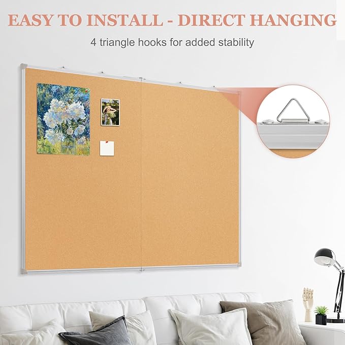 AMUSIGHT Double-Sided Large Cork Board, 48" x 36" Foldable Hanging Aluminum Framed Bulletin Board, Vision Board Pin Board Corkboards for Walls, Office, School Decor, 20 Pushpins