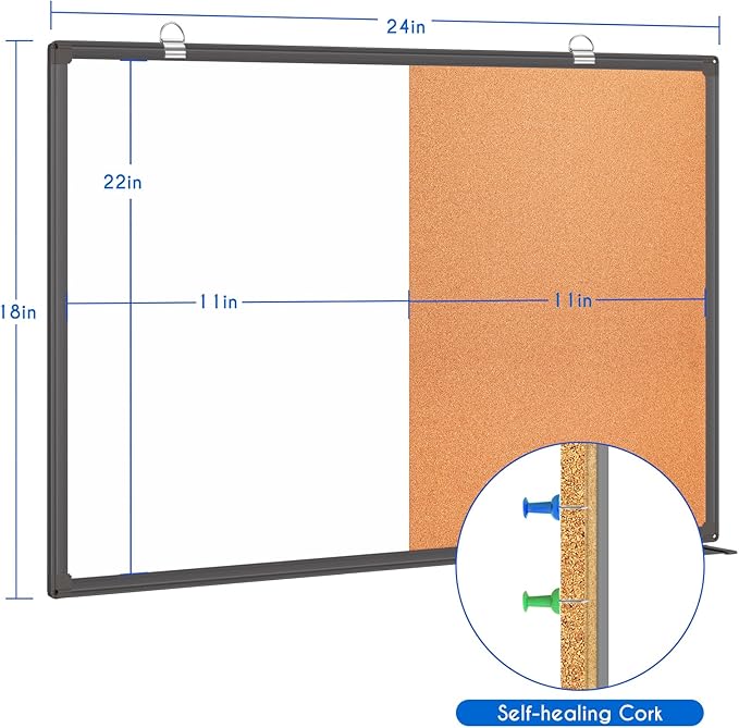 Magnetic White Board and Cork Board Combo, 24 X 18 inches Whiteboard Bulletin Combination Board, Wall Mounted Dry Erase Message Board for Home, School and Office, Black