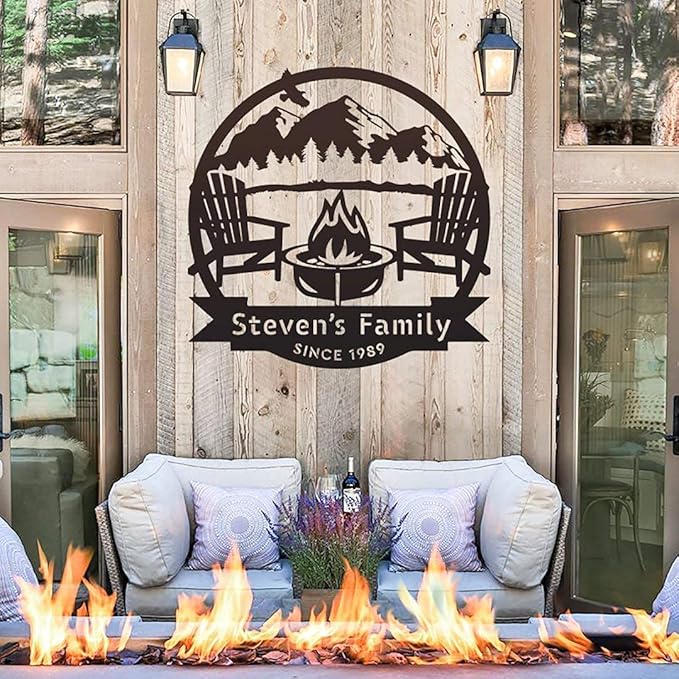 RealSteel Personalized Campfire Monogram Sign – Custom Metal Wall Art for Home, Cabin, or Campsite – Ideal Gift for Weddings, Anniversaries, Housewarmings