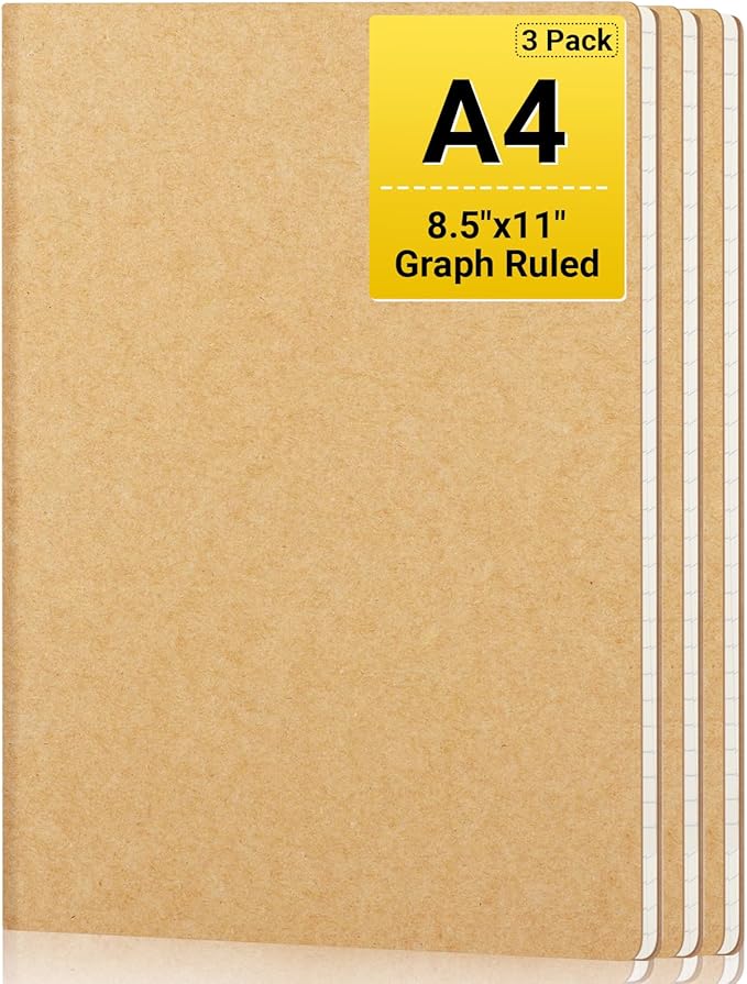 EUSOAR Graph Journal, 3 Packs Large A4 8.5" x 11" 40 Sheets/ 80 Pages, 100gsm Thick Paper Kraft Sketchbook Composition Diary Subject Notebooks Planner Journal for Office