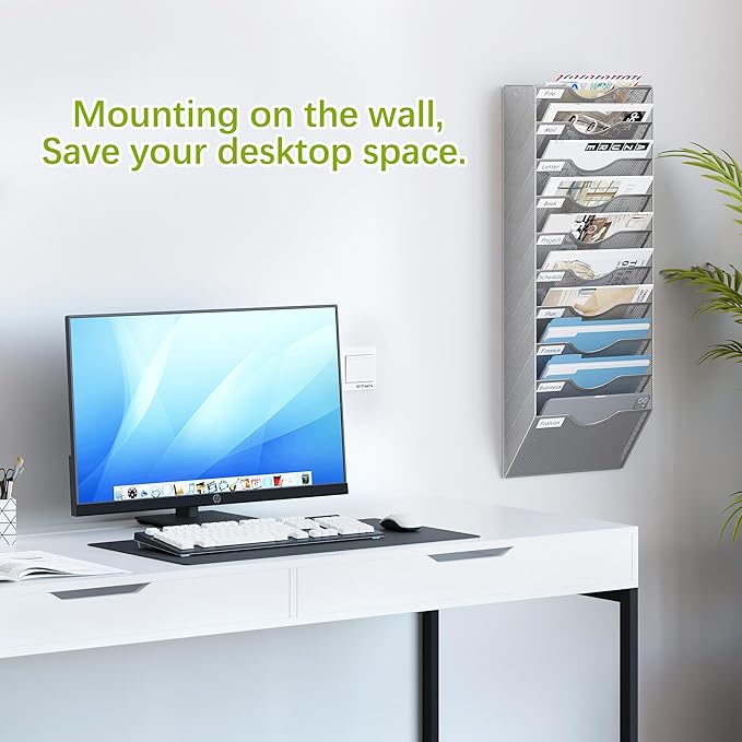 EasyPAG 10 Pocket Mesh Wall File Organizer, Hanging Paper Folder Holder with Classify Label, Vertical Wall Mount Mail Organizer for Office Home Classroom, Silver