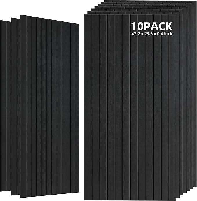 TO-TH Wood-Look Acoustic Wall Panels, 10 Pack 47.2” x 23.6” Sound Panels, Decorative Wood Panels for Wall Sound Dampening Panels for Home, Office, Basement, Smoky with Mitered Edges