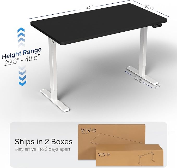 VIVO Electric 43 x 24 in Standing Desk, Memory Height Adjustment, 1B Series, Holds 220 lbs, One-Piece Black Top, White Frame, DESK-KIT-1W4B