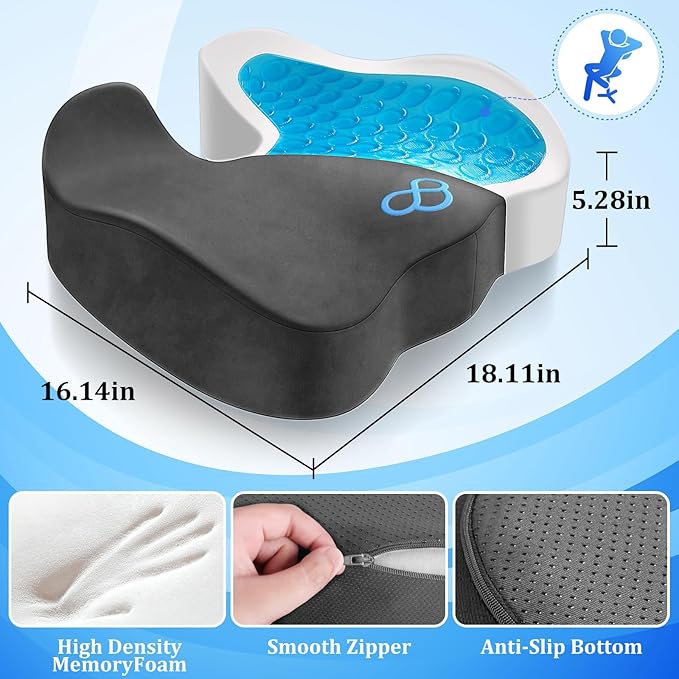 CushyOasis Seat Cushion, Gel Chair Cushions, Office Chair Cushions, Anti-Slip Bottom & Removable Cover Tailbone Pain Relief Cushion, Memory Foam Seat Cushion, 5.28 in Thick (Grey)