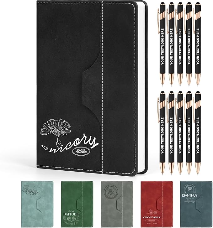 ENOMY Personalized Notebook Set with 10 PC Pens Lined A5 Custom Journal for Writing Men Women Custom Notebook Ideal Friend Girlfriend Gift, Black
