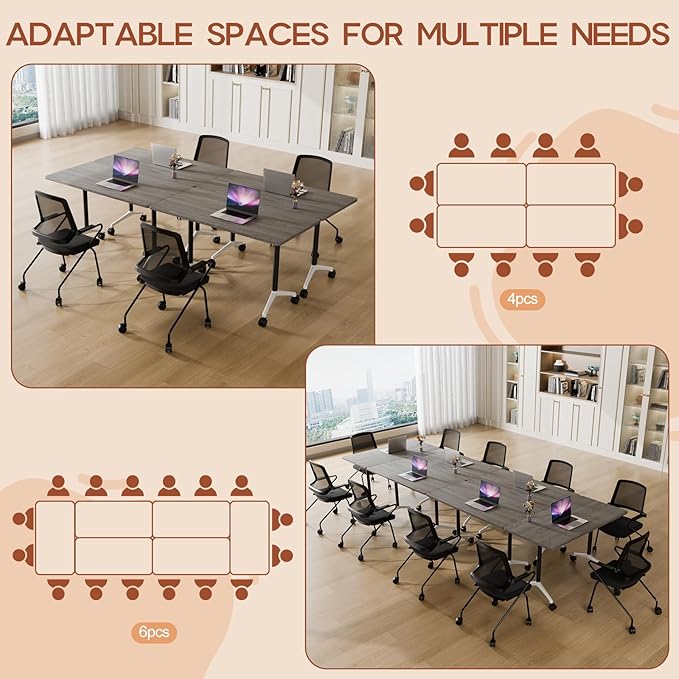 Folding Conference Table 4ft 5ft, Foldable Office Meeting Desk for 6 People, Multiple Sizes Colors Mobile Conference Room Table for Training Room School Business Furniture (2, Grey, 63in)
