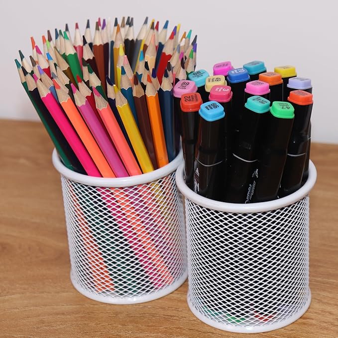 SNOW COOLER Pen Holder Mesh Pencil Holder Metal Pen Holder Cup Pencil Cup Holder for Desk Office Pen Organizer White, 4 Pack
