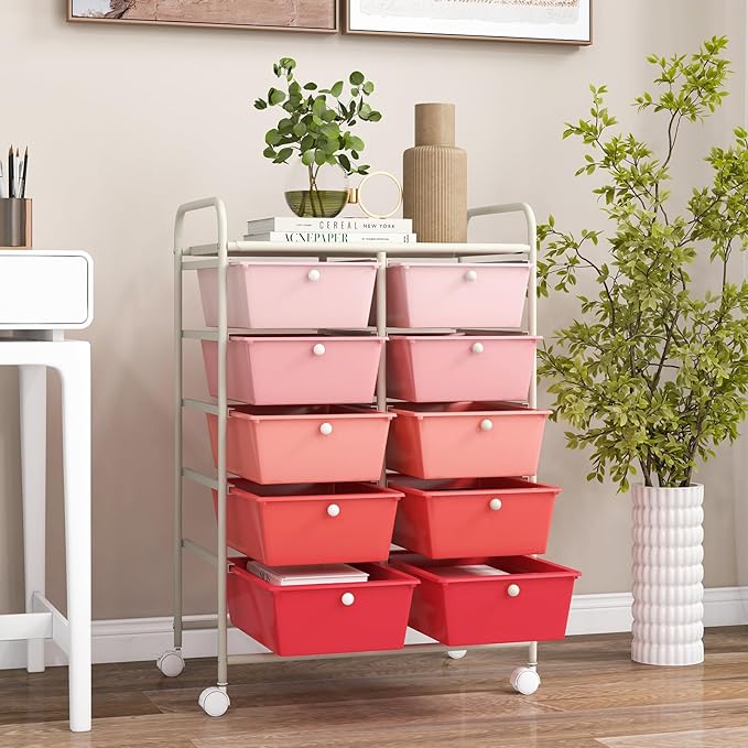 GLACER 10 Drawer Rolling Cart, Storage Cart with Lockable Whieels & Metal Frame, Trolley for Art Craft Oganizer, Mobile Utility Cart for Office, School, Classroom, Kitchen (Pink Gradient)