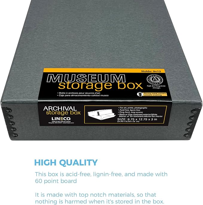 Lineco Museum Archival Storage Box, 9.75x12.75x3 in. Drop Front Design. Acid-Free with Metal Edge. Organize Photos, Pictures, Prints, Documents, Crafts, DIY. Gray, 1 Pack