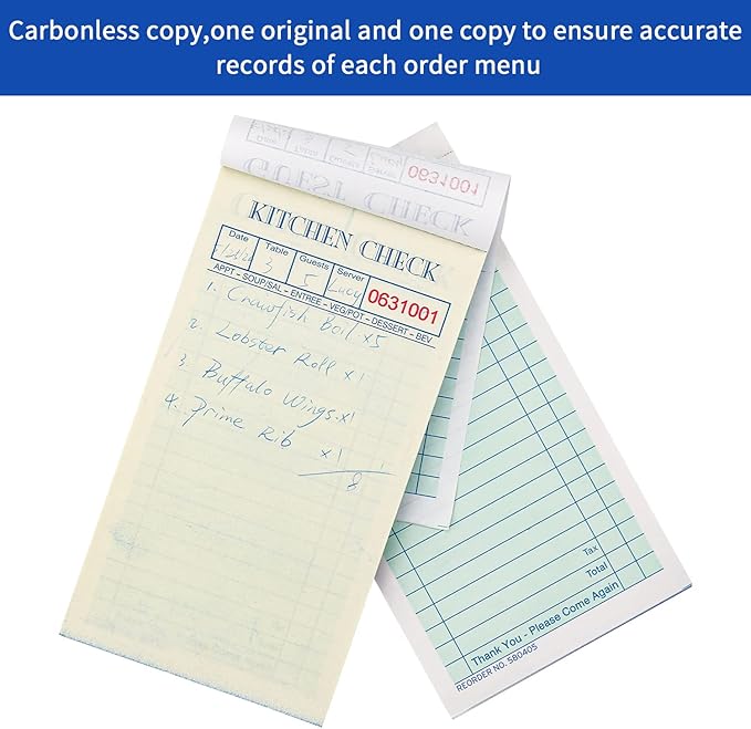 Guest Checks Server Note Pads 300 Sheets with Carbonless Copy Paper for Restaurants (6 Books) 3.5" x 6.75" Per Ticket Book