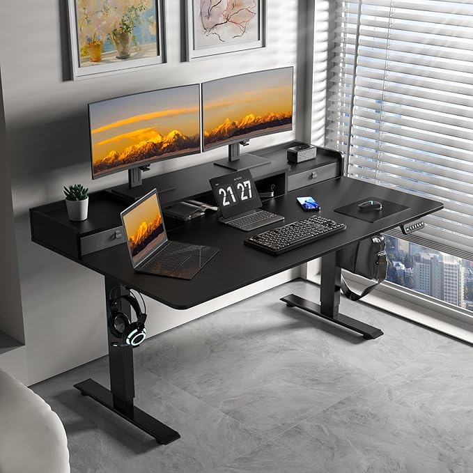 ExaDesk 63 x 30 Inch Electric Standing Desk with 2 Drawers, Adjustable Height Widened Stand Up Desk with Storage, Sit to Stand Ergonomic Workstation for Home Office, Classic Black