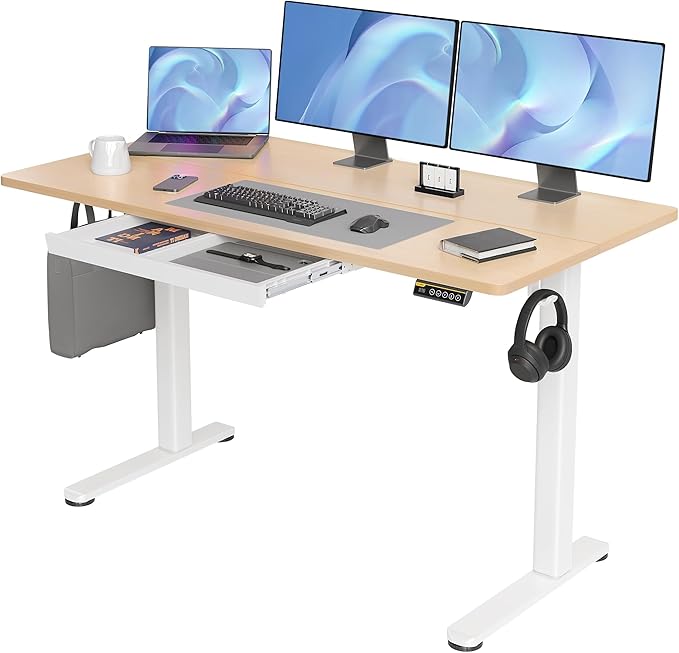 Claiks Standing Desk with Drawers, 55x24 Inch Electric Stand Up Adjustable Height Desk Computer Workstation, Natural