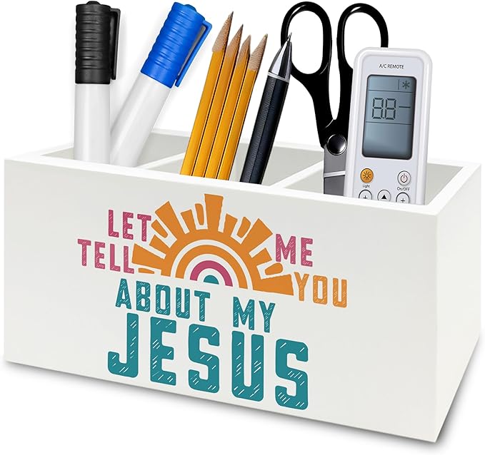 QZQE Boho Jesus Christian Pen Pencil Holder Organizer for Desk, Let Me Tell You about My Jesus Bible Verse Wooden Box Signs Decorations for Home Office Desk Tabletop