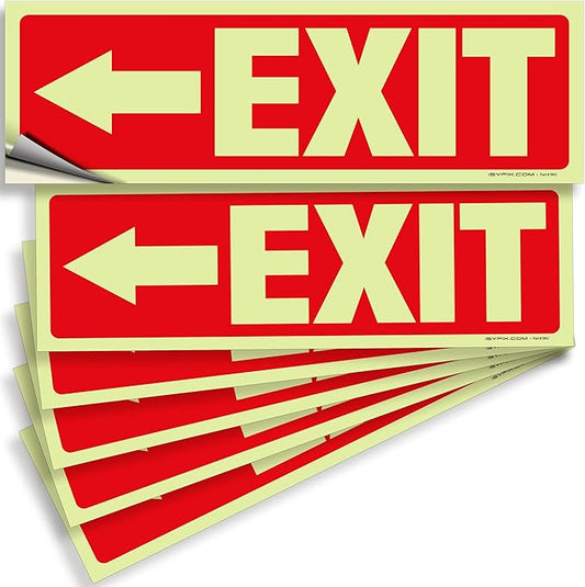 iSYFIX Exit Stickers Signs with Directional Left Arrow 6 Pack 12x4 Inch - Glow in the Dark Photoluminescent Vinyl for Office, School, Business, Warehouse - UV & Weather Resistant for Indoor/Outdoor Use