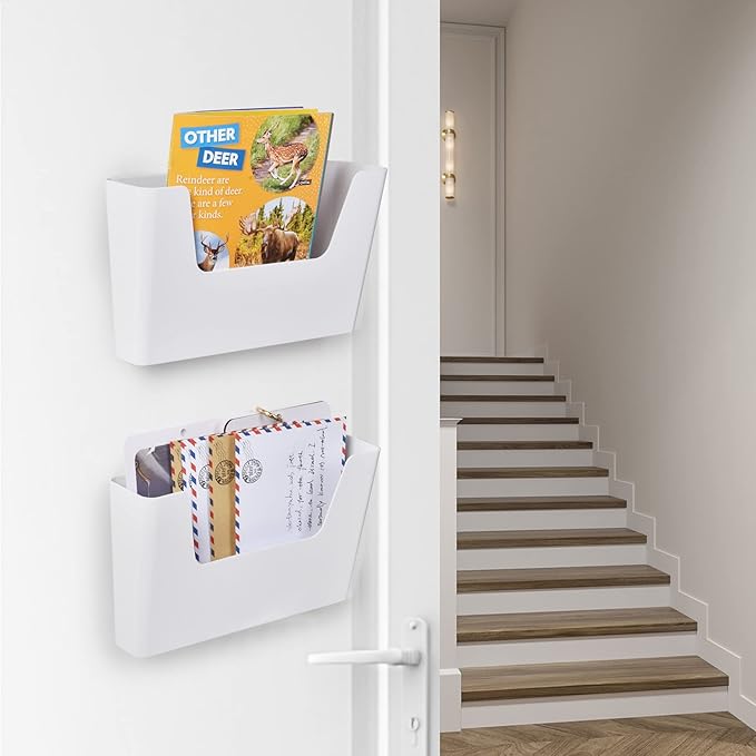 YOHOM No Drilling File Holder Wall Mails Magazines Organizer Adhesive Door Mount, Single Pocket, (White 1) (WHITE, 2 PCS)