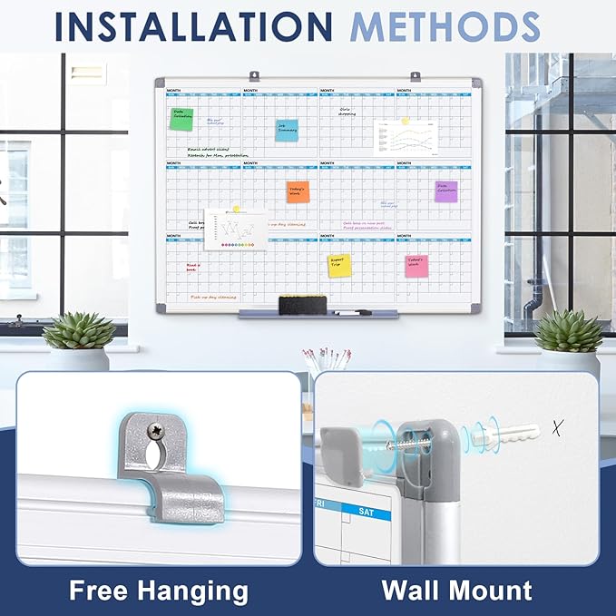 MAKELLO Large Magnetic Dry Erase Calendar Whiteboard Yearly 43" x 31" for Home, Bedroom, Office, Classroom, 12 Months
