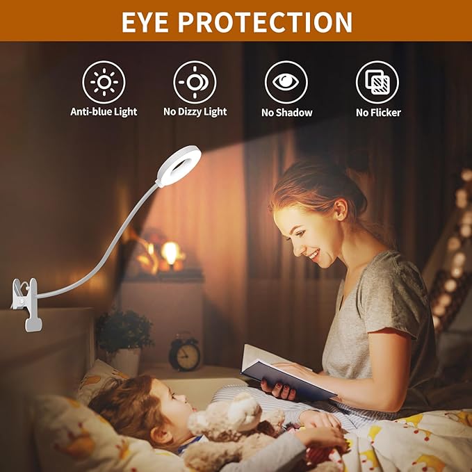 iZELL Book Light, Clip on Reading Light with Silicone Flexible Arm, Dimmable LED Lamparas Clamp on Workbench Desk for Studying Painting Crafting Drawing Makeup Nail Tech Puzzle Task - 27.6‘’ White