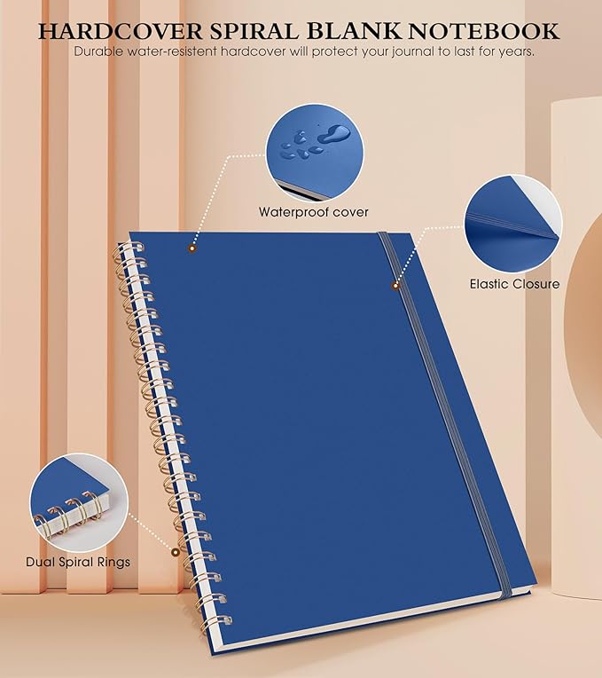 Blank Spiral Notebook Journal 8.5” x 11”, A4 Large Sketch Book for Women Men, 100 GSM Blank Paper Drawing Notebook, Plastic Hardcover Spiral Bound Sketchbook for Sketching Work School Writing, Navy