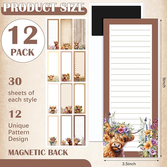 Gersoniel 12 Packs Magnetic Notepads for Refrigerator Monthly Grocery Magnetic List Set to Do List Pads Back Memo Notepad 9 x 3.5 Inches for Fridge Kitchen Shopping Grocery(Brown,Highland Cattle)