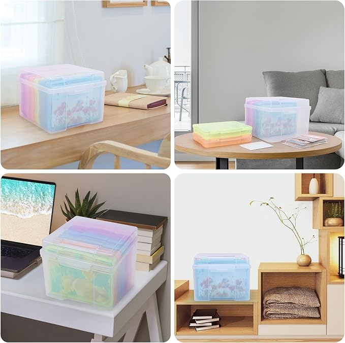 COSICS Photo Storage Box 5" x 7", Extra Large Transparent Plastic Photo Organizer Craft Keeper with 6 Colorful Inner Case for Cards, Pictures, Stamps, Stickers, Seeds, Office Supplies