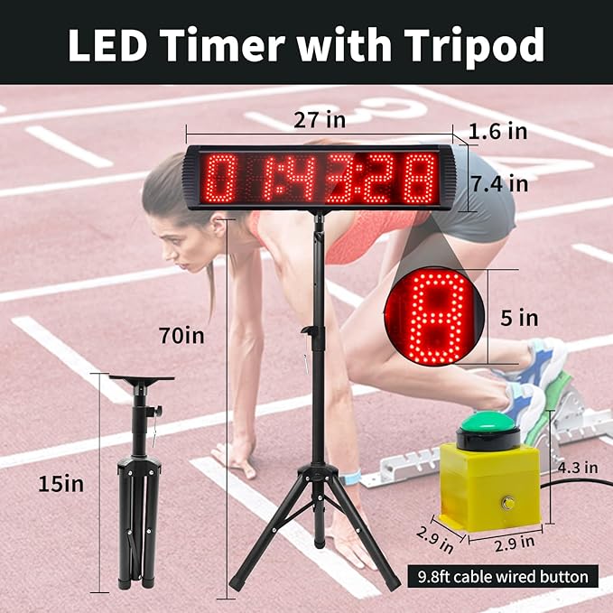 5 Inch 6-Digit LED Race Timer, Running Event Gym Timer for Countdown/Count Up, 12/24 Hour Real Time, Stopwatch with Remote Control, Portable Large Wall Clock（Button+Tripod）