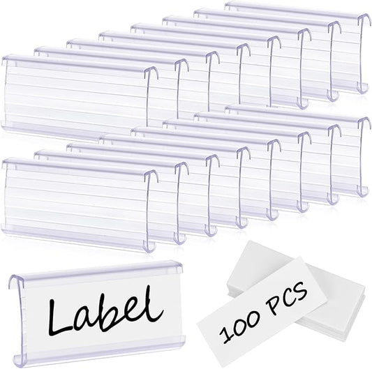 100 Pcs Wire Shelf Label Holder with Paper Inserts, Compatible with 1-1/4 Inch Shelves, Plastic Shelf Tags for Wire Shelving Label Clips with Label Paper Removable Wire Rack Label Holder Display Clip