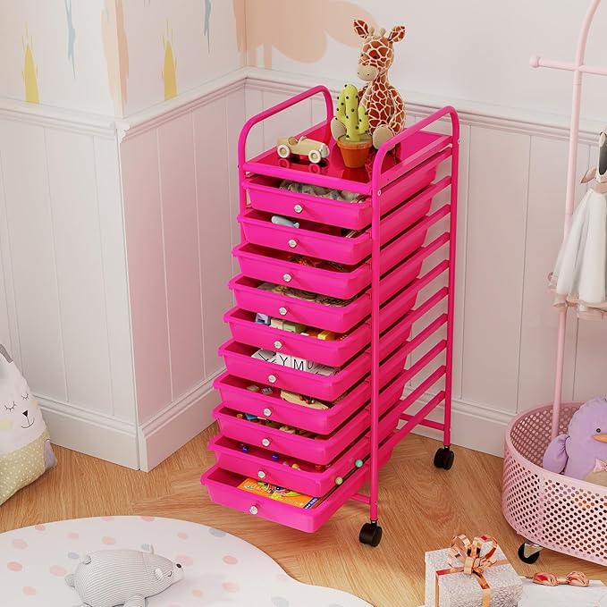 GLACER 10 Drawers Rolling Cart, Storage Cart with w/Removable Drawers & Steel Frame, Utility Mobile Trolley w/Universal Casters & 2 Brakes, Organizer Cart for Home, School, Office (Hot Pink)