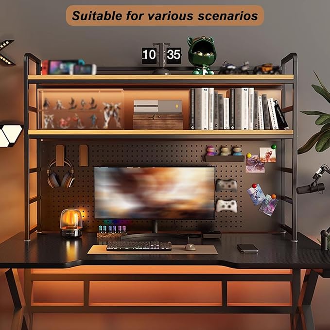 ZWCQSYS 2-Tier Desktop Bookshelf Hutch - Metal Desk Shelf Bookcase with Desk Pegboard Countertop Storage Organizer Rack for Dorm or Office (B, 110cm/43in)